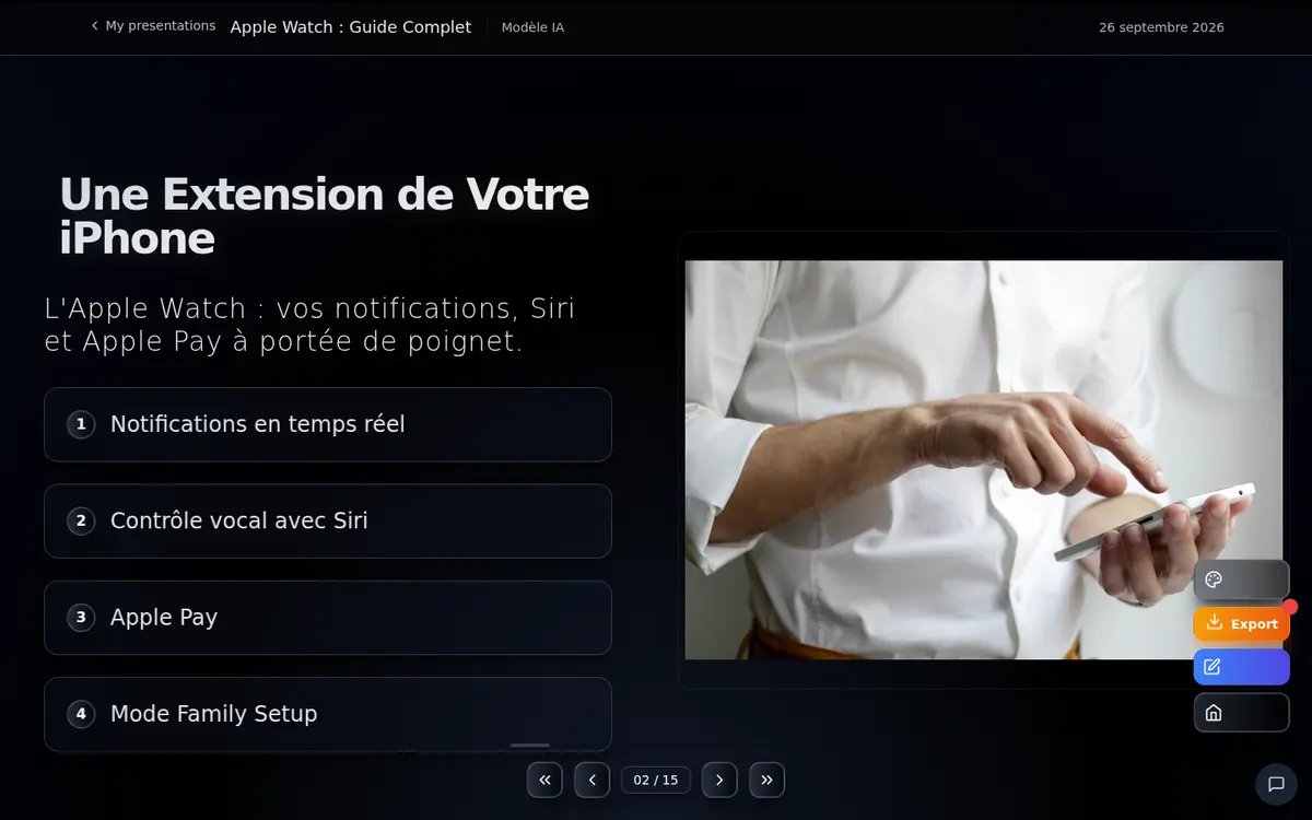 A deck generated with Slidy, open in the presentation viewer, with the theme, Export, Edit and Home buttons