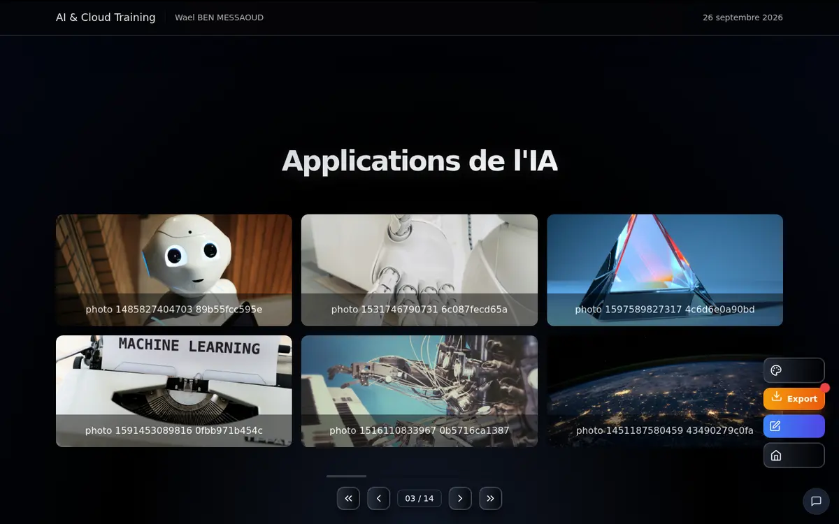 Slide “Applications de l’IA” showing a grid of captioned images