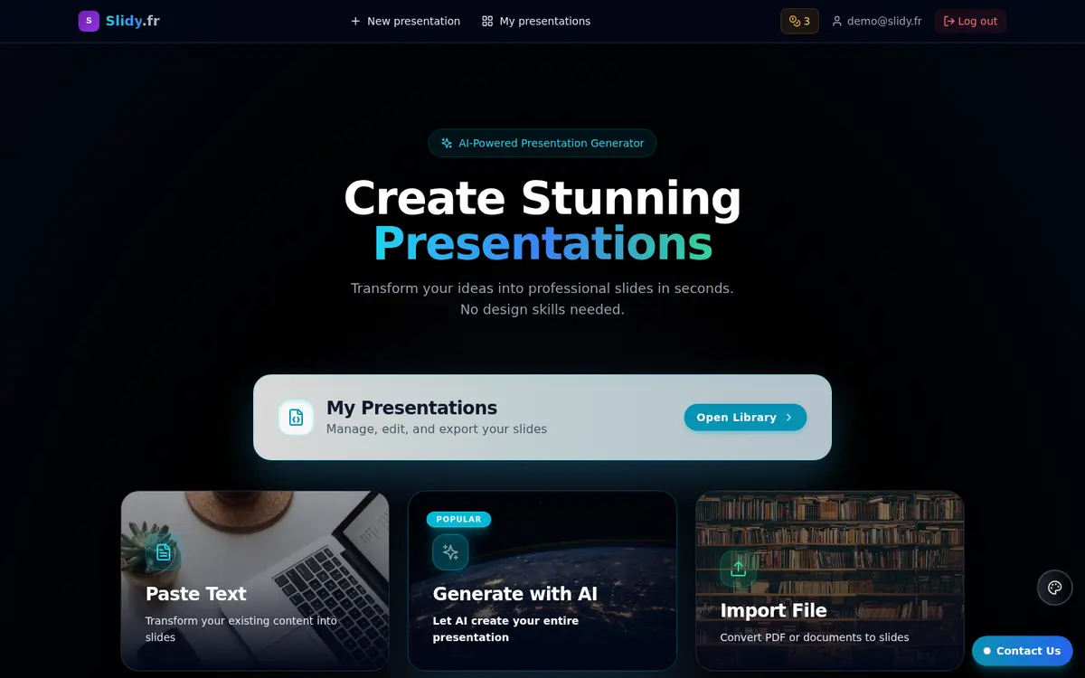 Slidy app home with the three options: Paste Text, Generate with AI and Import File
